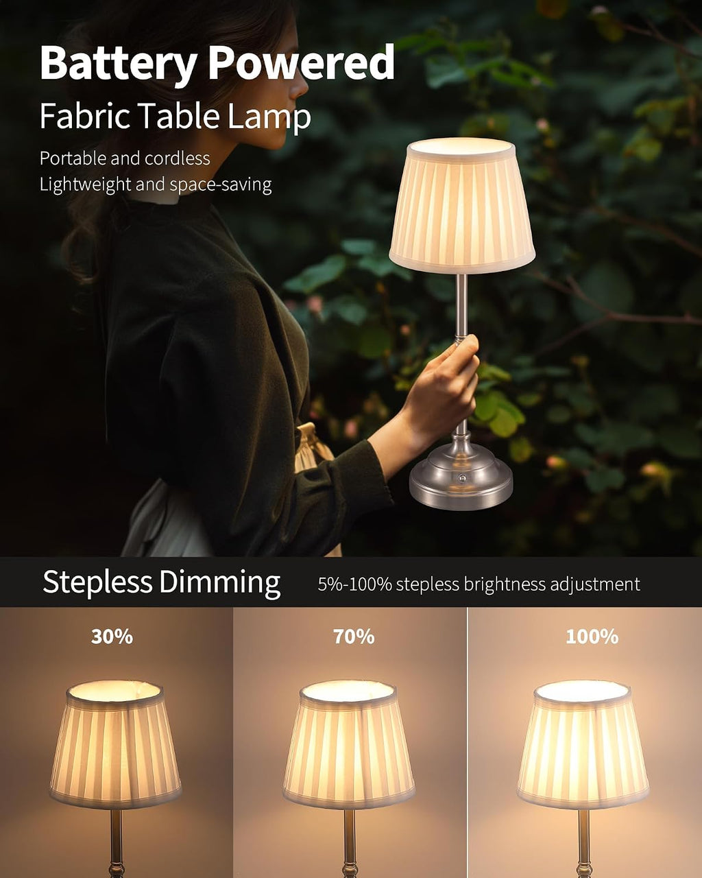 KDG Nickel Cordless LED Table Lamps Set of 2, Green Fabric Shade Desk Lamps