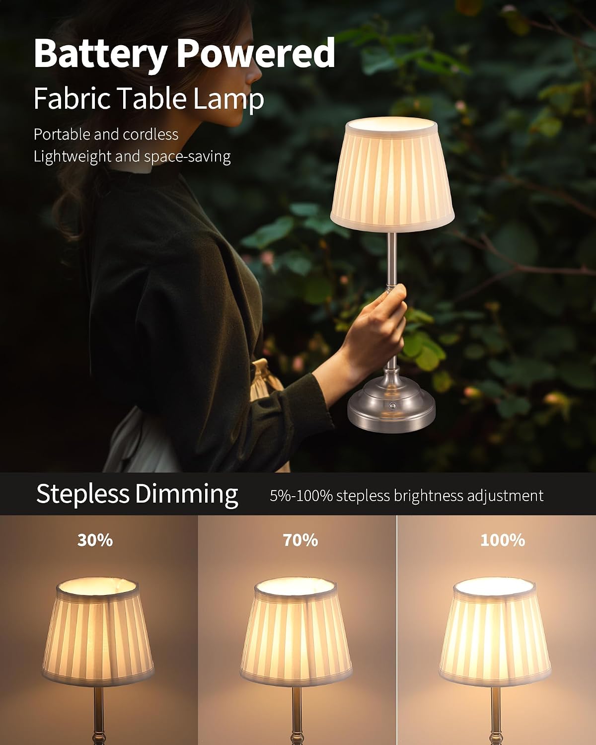 KDG Nickel Cordless LED Table Lamps Set of 2, Green Fabric Shade Desk Lamps