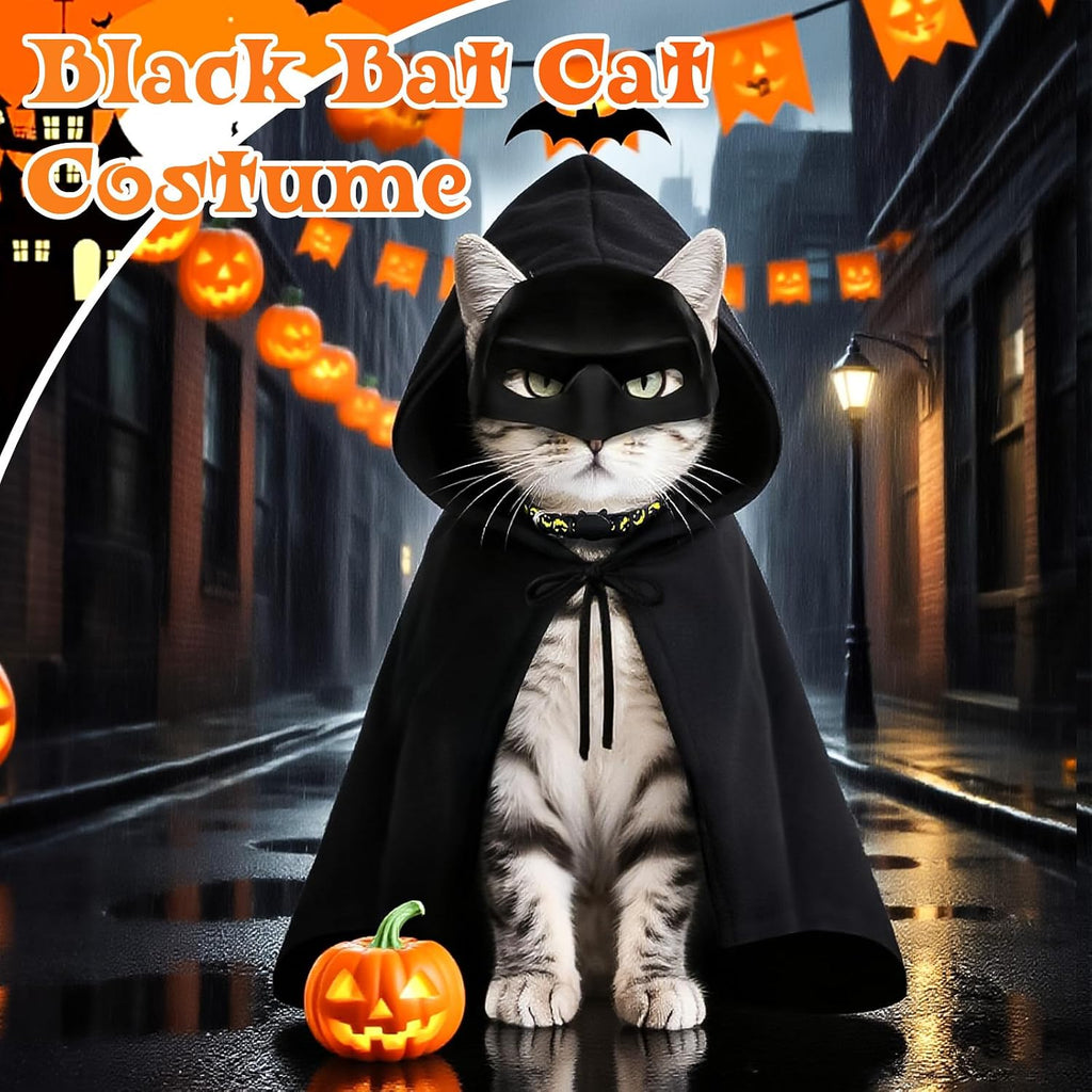 3 PCS Cat Bat Mask Halloween Costumes Accessories Bat Mask Cloak and Halloween Cat Collar Pet Costumes Clothes for Cats, Bat Cat Cosplay Apparel