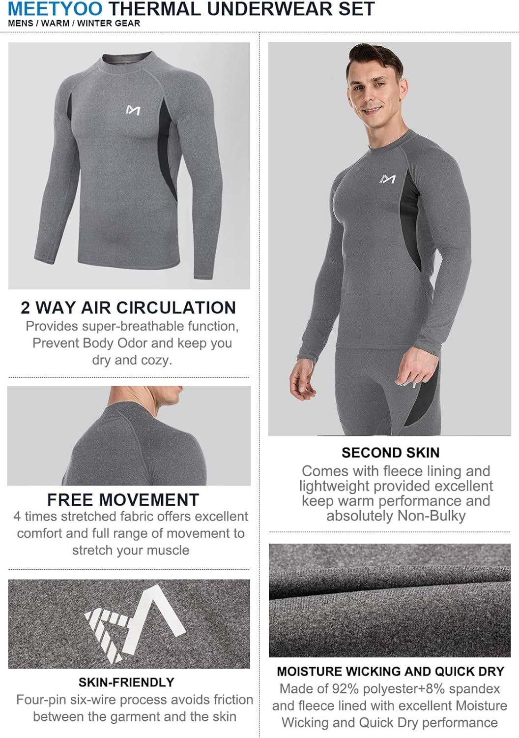 MEETYOO Thermal Underwear for Men, Winter Gear Long Johns Base Layer Top and Bottom Set for Skiing Running