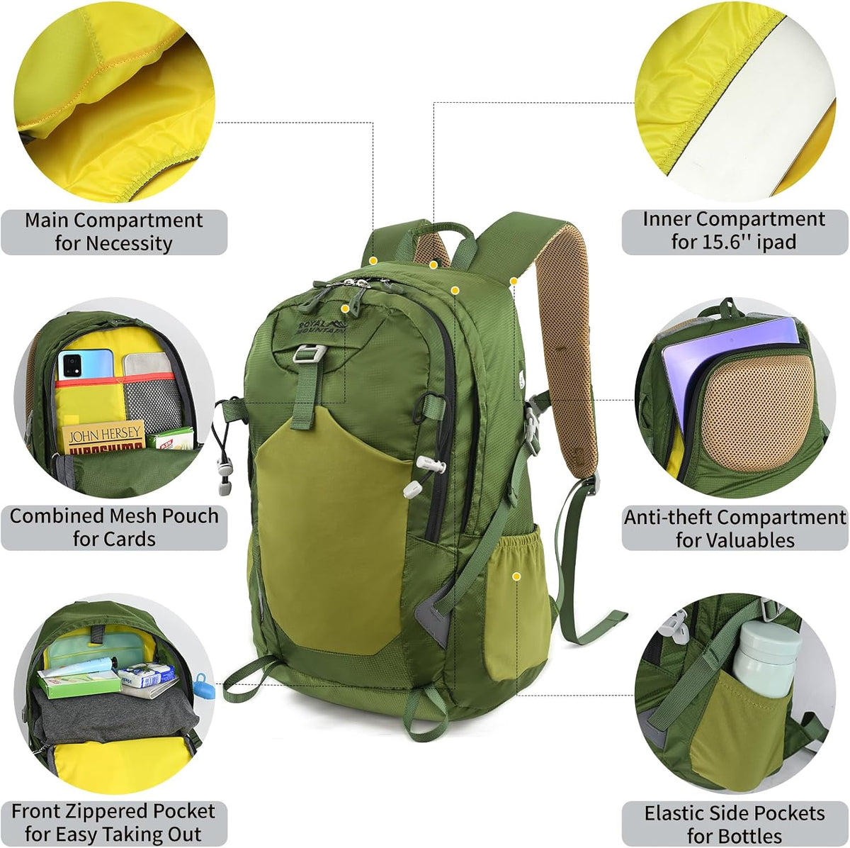 30L Hiking Backpack With Rain-Cover, Lightweight Packable Backpack For Women Men, Hiking Daypack Backpacks Fit For Camping, Sports, Daily Commuting, Short Trips (Green)