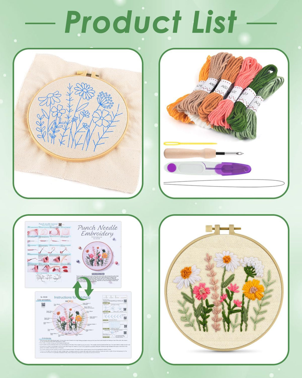 ERKOON Punch Needle Kit Beginners Adults, DIY Easy Flower Embroidery Set for Starter Art Craft, Needling Punching Project with Patterns, Tools, Yarns, Hoop, Instruction (Colorful Daisies)