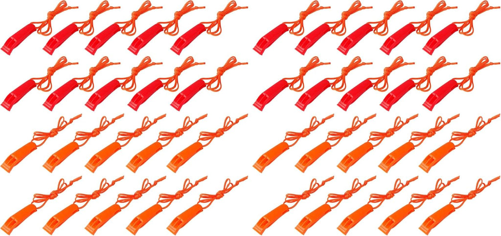 AUGSUN 40 Pcs Emergency Safety Whistle Plastic Whistles Set with Lanyard,Red and Orange