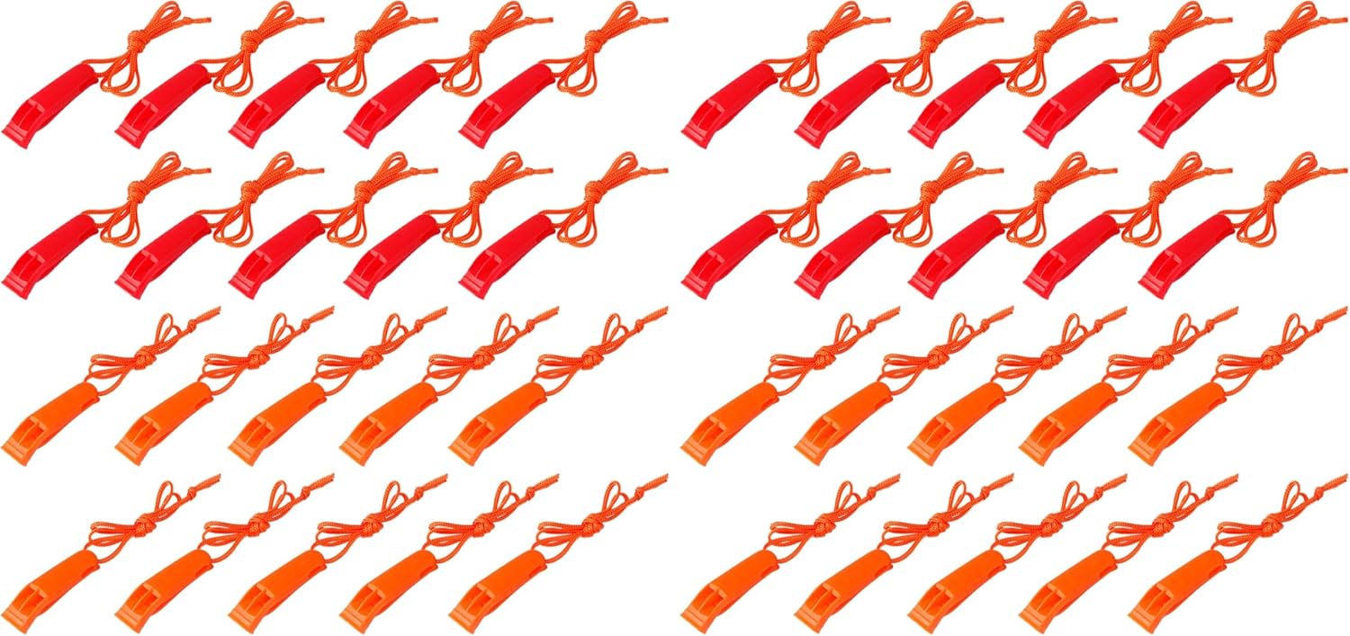 AUGSUN 40 Pcs Emergency Safety Whistle Plastic Whistles Set with Lanyard,Red and Orange