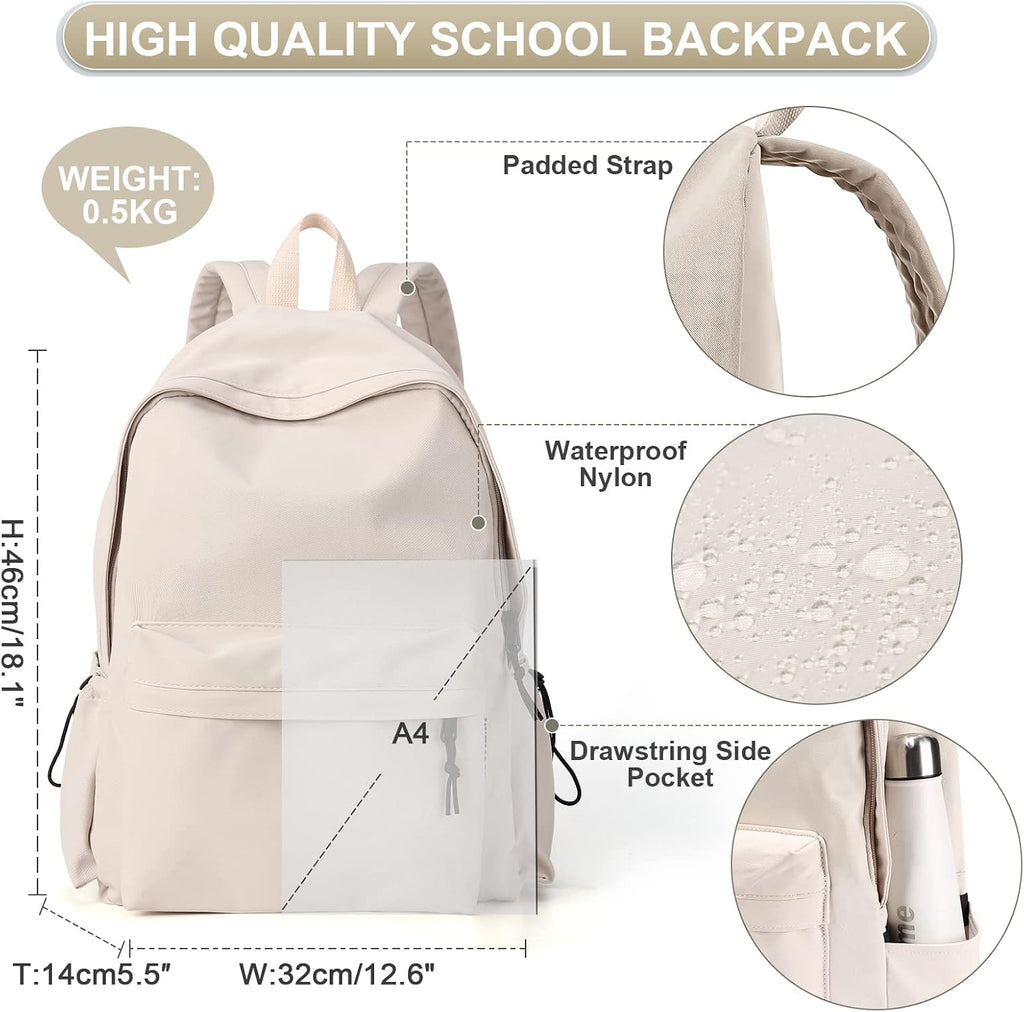 Beige School Backpack for Girls Water Resistant High School Book Bag Simple Backpack for Teens Boys Girls, Lightweight Middle School Back Pack Daypack