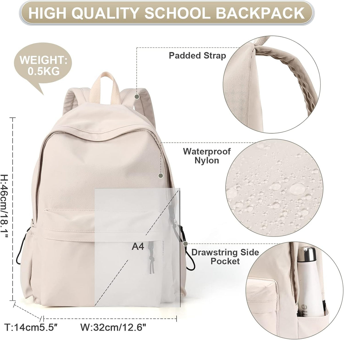 Beige School Backpack for Girls Water Resistant High School Book Bag Simple Backpack for Teens Boys Girls, Lightweight Middle School Back Pack Daypack