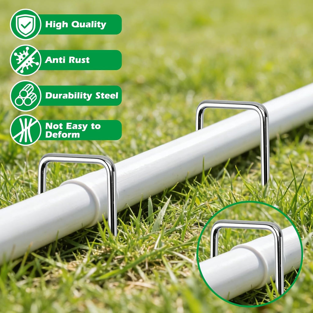 200 Pack Landscape Staples and 200 Pack Gaskets, 11 Gauge 6in Galvanized Steel Garden Staples with Black Pad for Landscape Fabric Supplies for Weed Barrier Fabric