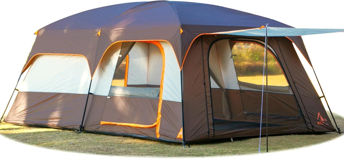 KTT Extra Large Tent 8-10-12-14 Person(A),Family Cabin Tents,2 Rooms,3 Doors and 3 Windows with Mesh,Straight Wall,Waterproof,Double Layer,Big Tent for Outdoor,Picnic,Camping,Family Gathering
