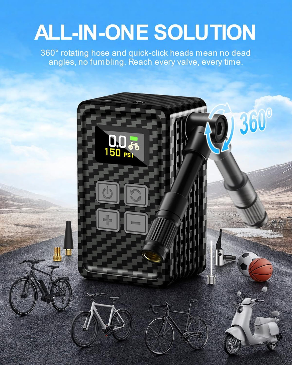 Mini Bike Pump 150 PSI Electric Tire Inflator with Gauge for Bikes
