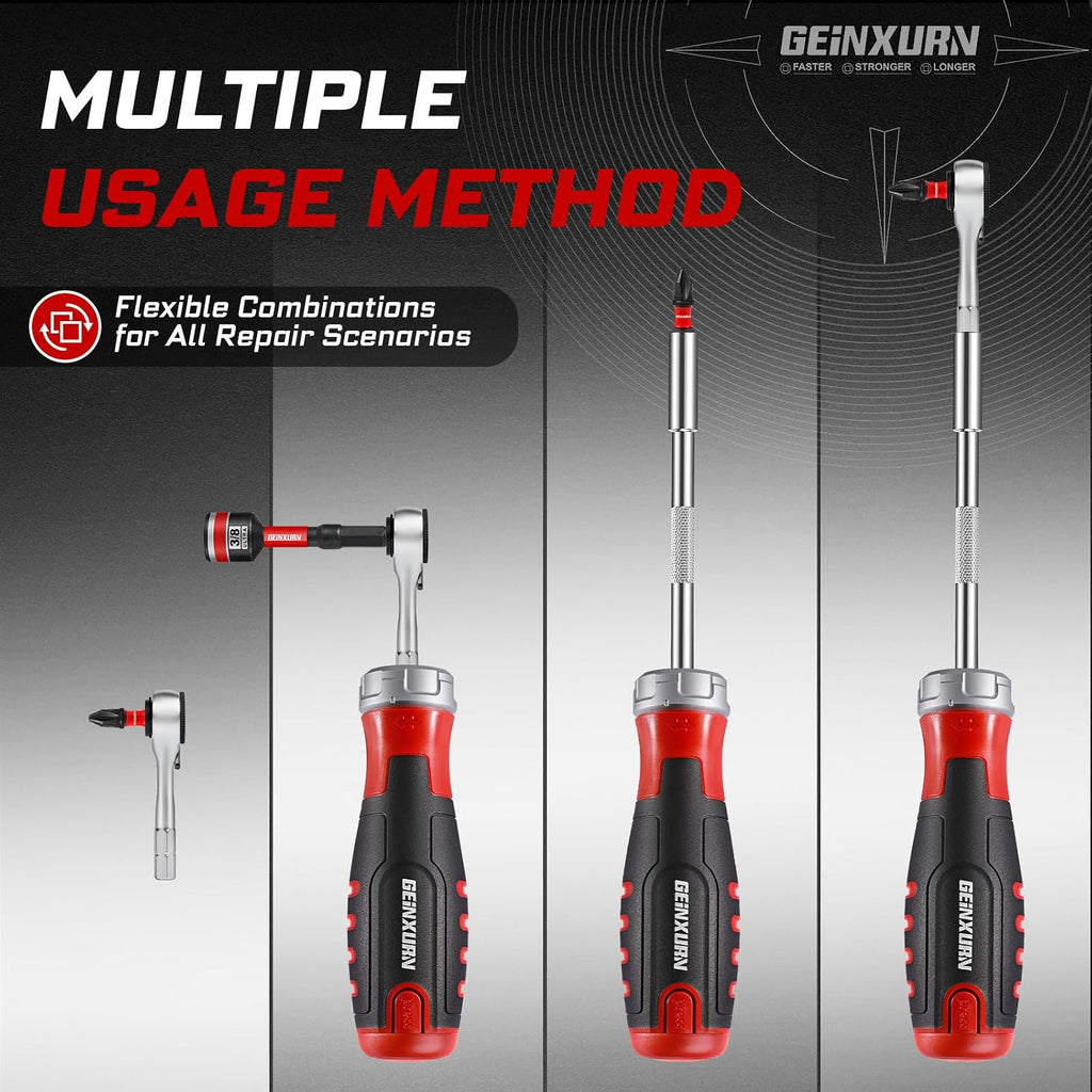 GEINXURN 19 Pieces Ratcheting Screwdriver Set and Socket Wrench Set, Mini Rachet Wrench, Rachet Screwdriver Handle and Nut Driver with 12 Pcs Impact Screwdriver Bit, Hand Tools Set for Repair DIY