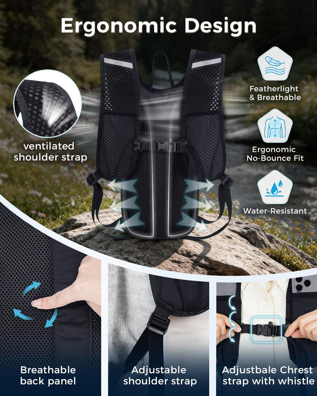 Blue Quartz Hydration Backpack with 2L Water Bladder, Hiking Water Pack with Insulated Compartment for Women Men, Lightweight Running Hydration Vest with Phone Pocket for Cycling, Biking