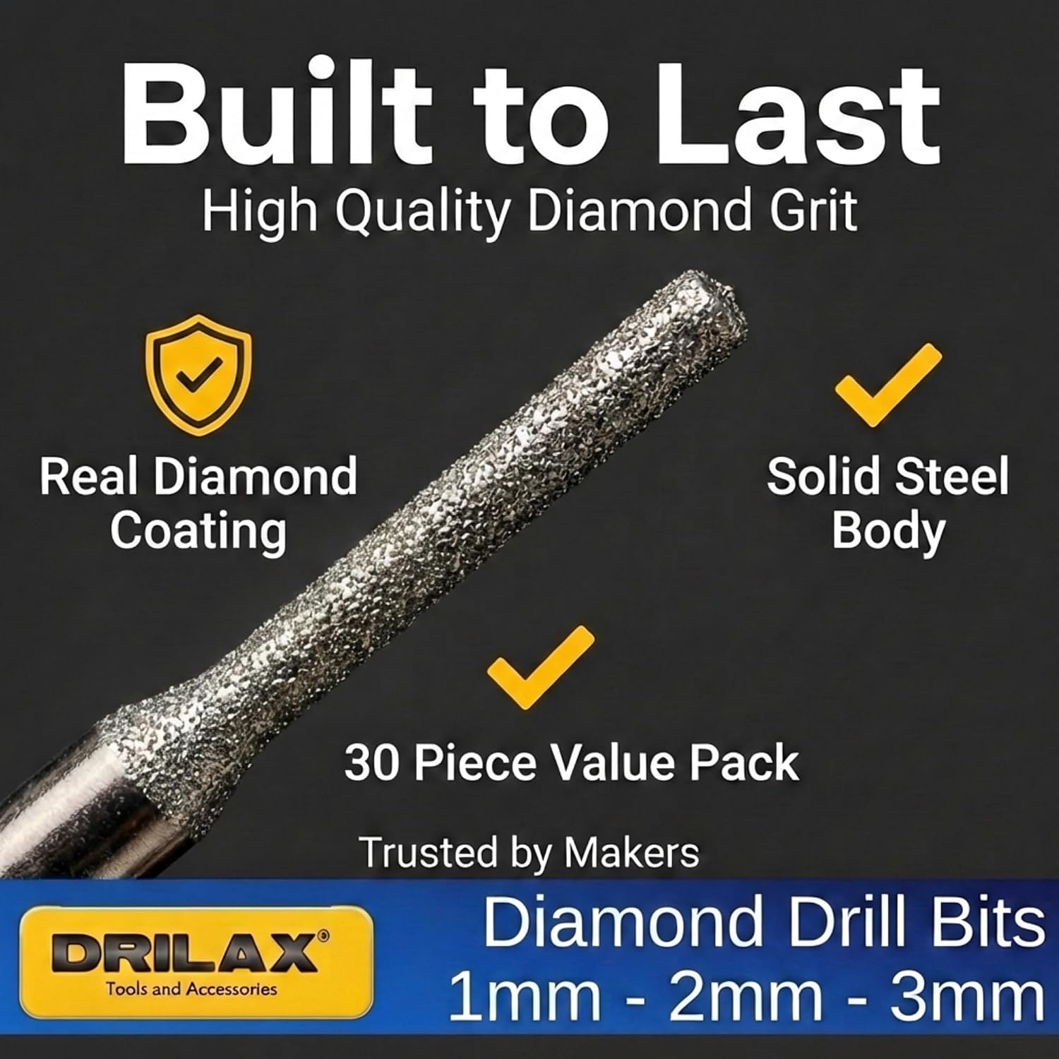 Drilax 30-Pc Diamond Drill Bits for Stone, Glass, Dremel, 1-3mm, 1/8" Shank
