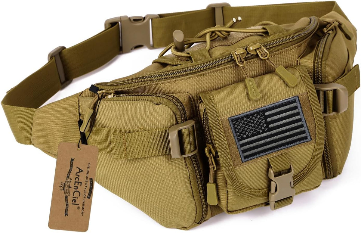 ArcEnCiel Tactical Fanny Pack for Men Women Waist Bag Hip Belt Outdoor Hiking Fishing Bumbag with Patch (Orange)
