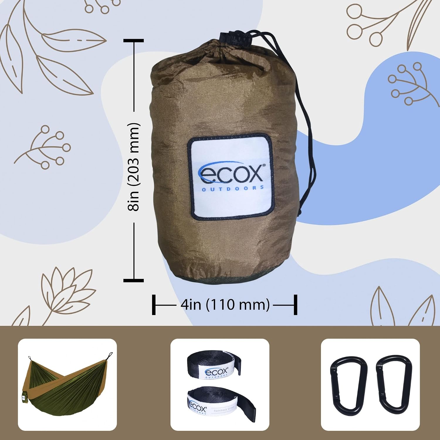 ecox Outdoors Parachute Hammock Single with 2 Tree Straps, Portable Lightweight Nylon Comfortable for Backpacking, Camping, Travel, Beach, Backyard, Patio, Hiking