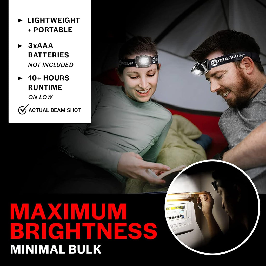 LED Headlamp 2-pack Battery Powered (AAA) (Batteries Not Included) | Head Lamp for Running Hunting Camping Fishing Hiking with Red Light and Adjustable Headband - Bright Forehead Headlamp 7 Modes