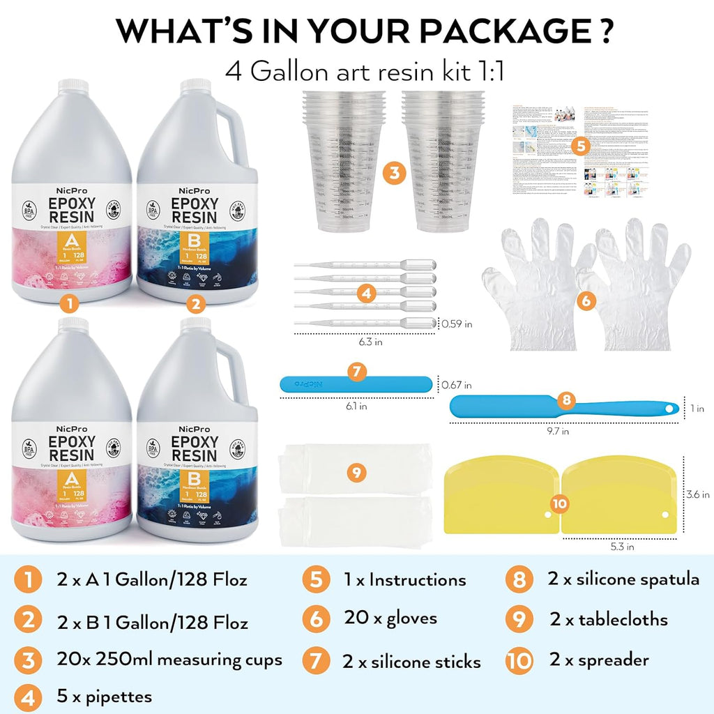 Nicpro 4 Gallon Crystal Clear Epoxy Resin Kit with Cups, Sticks, Gloves