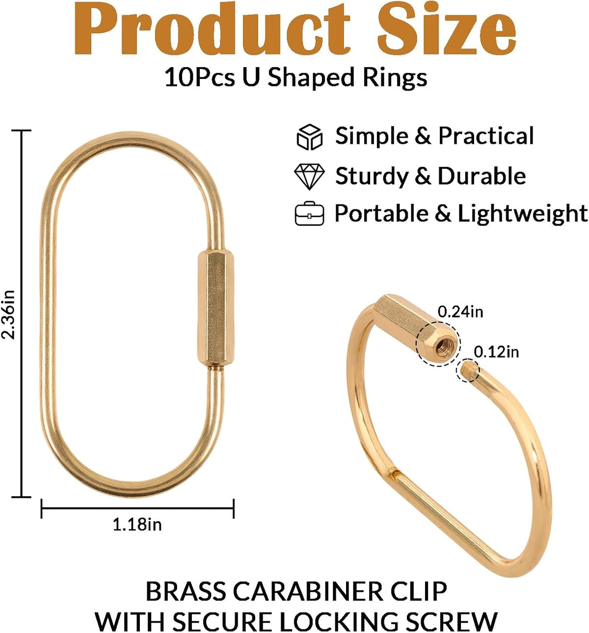 10 Pcs Gold Solid Brass Carabiner Keychain Clip - Brass Key Ring