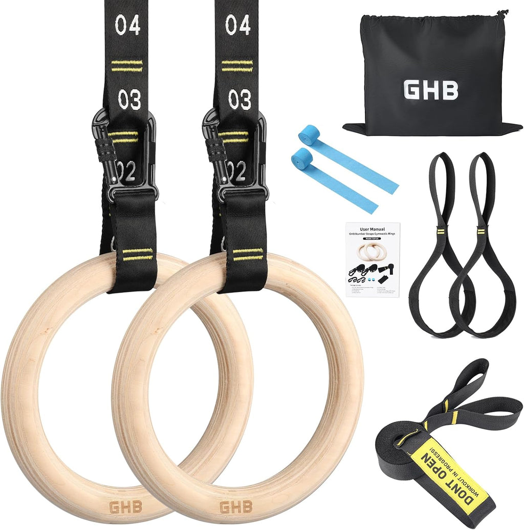 GHB Gymnastic Rings Wooden Gym Rings 1.25"