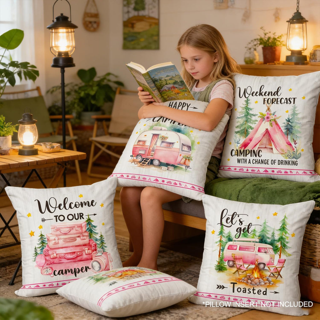 Happy Camper Camping Life Throw Pillow Cover for Camp Lady, 18 x 18 Inch Pink Travel Trailer Campfire Tent Pinetree Holiday Cushion Case Decoration for Sofa Couch Set of 4