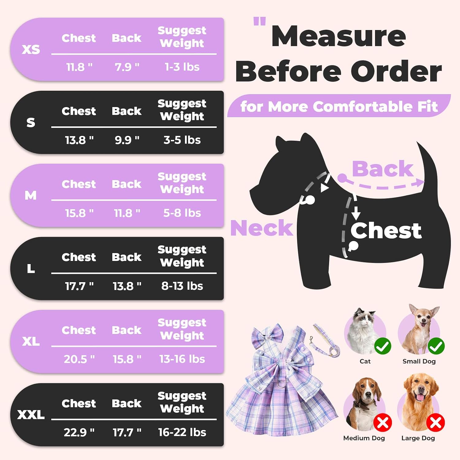PETCARE Cute Dog Dress Clothes for Small Dogs Cats Girl Female Purple Plaid Bow Tie Dog Harness Dresses Leash Set with Pearls Bow Accessories Birthday Puppy Dress Shih Tzu Yorkies Chihuahua Outfits
