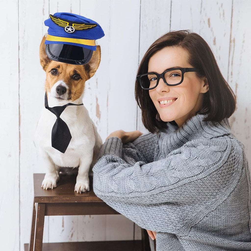 Yewong 3 Pieces Pet Captain Pilot Costume Accessory Set Dog Cat Pilot Hat Formal Necktie Collar Pilot Costume Accessories for Pet Pilot Fancy Dress Halloween Party (Set D)