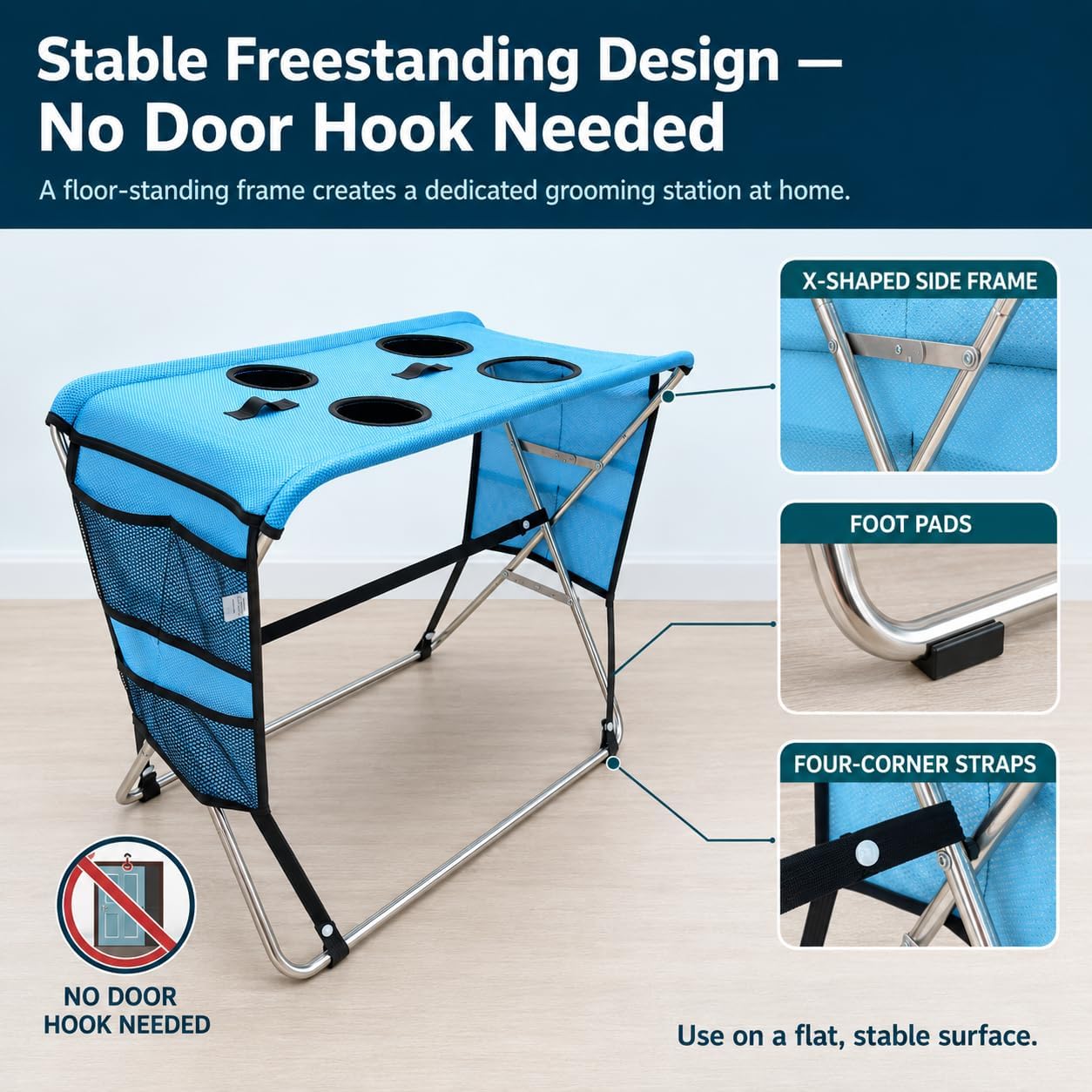 Pet Grooming Hammock with Stand for Small Dogs and Cats, (Dark blue)