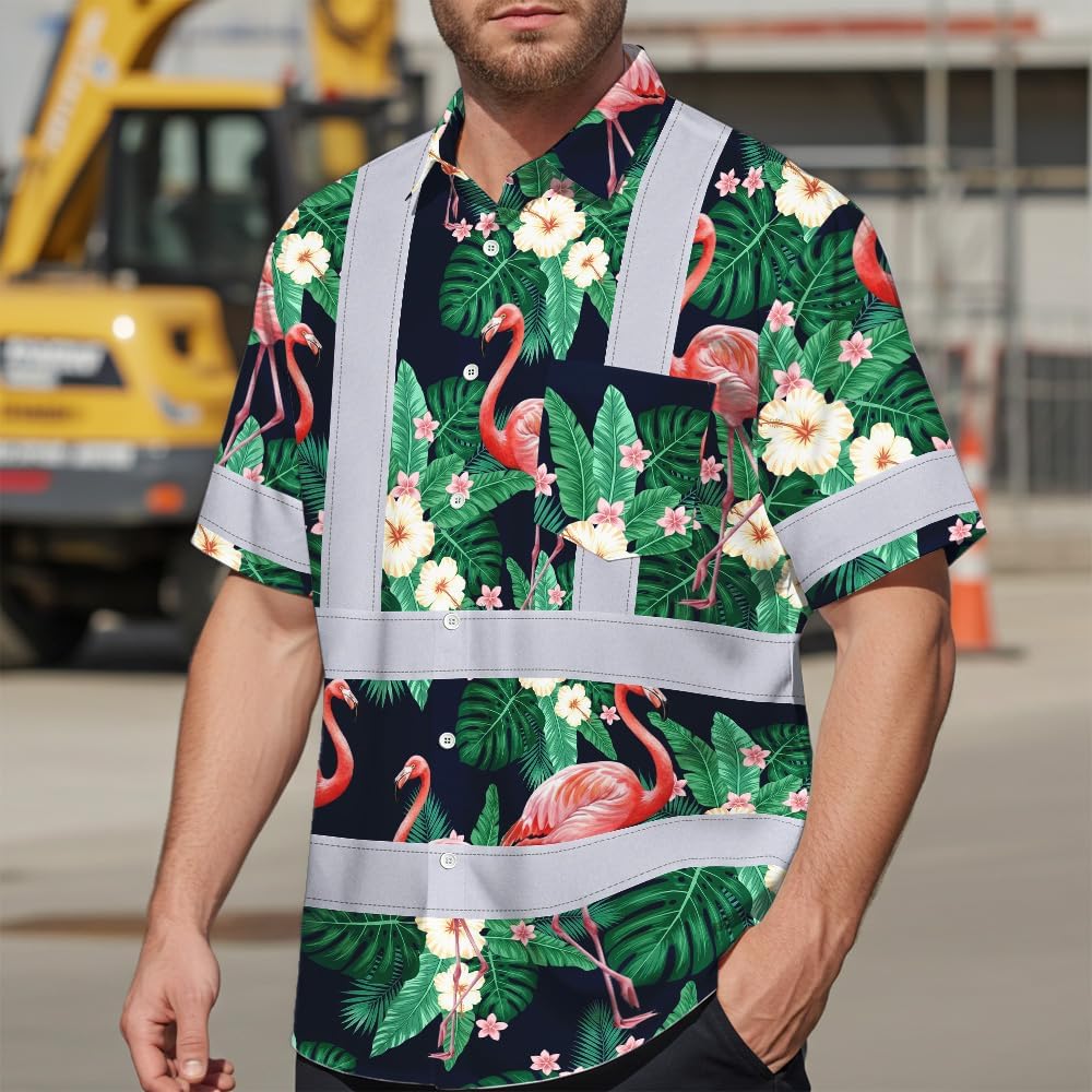 High Visibility Hawaiian Shirt for Men Tropical Shirts Custom Name Floral Outfit Reflective Safety Workwear