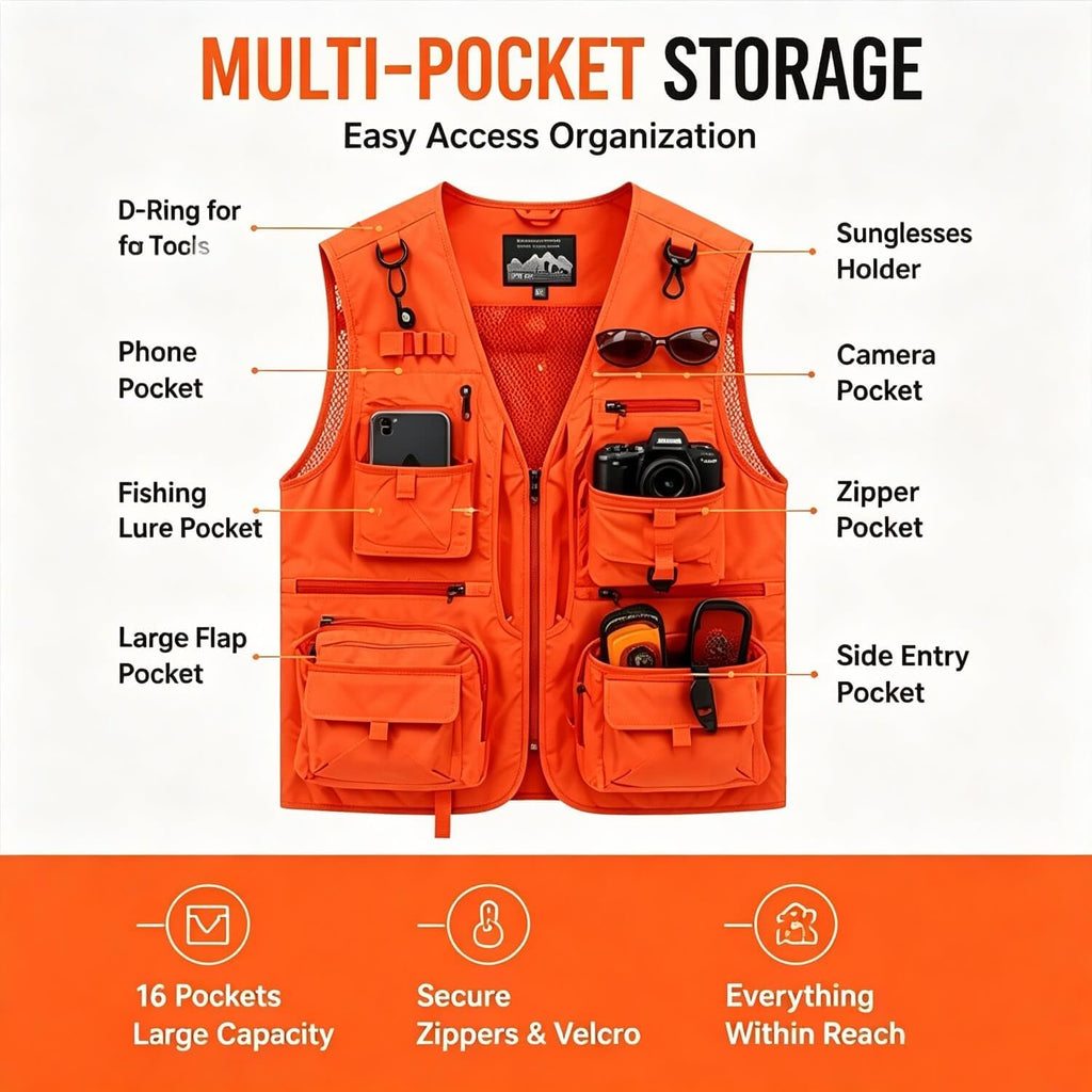 Outdoor Utility Vest for Men & Women, Lightweight Breathable Mesh Vest with Multiple Pockets for Fishing, Photography, Hiking, Camping, Travel & Safari, Orange