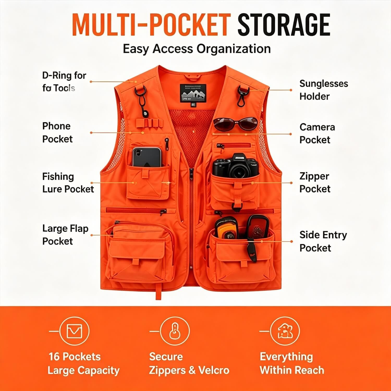 Outdoor Utility Vest for Men & Women, Lightweight Breathable Mesh Vest with Multiple Pockets for Fishing, Photography, Hiking, Camping, Travel & Safari, Orange
