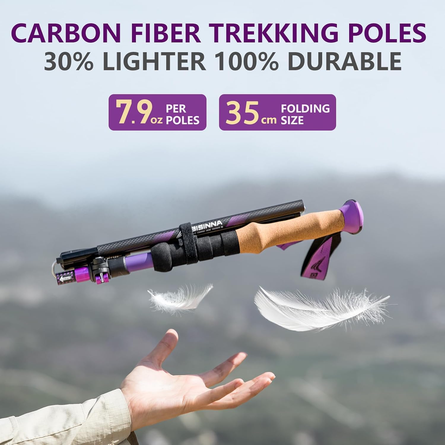 BISINNA Carbon Fiber Trekking Poles Collapsible Hiking Poles 2PC