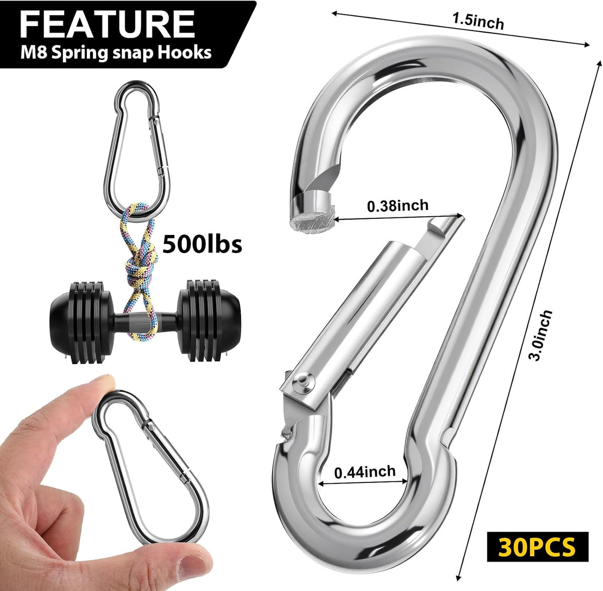 30 Pcs 3" Spring Snap Hook, M8 5/16" Heavy Duty Carabiner Clips