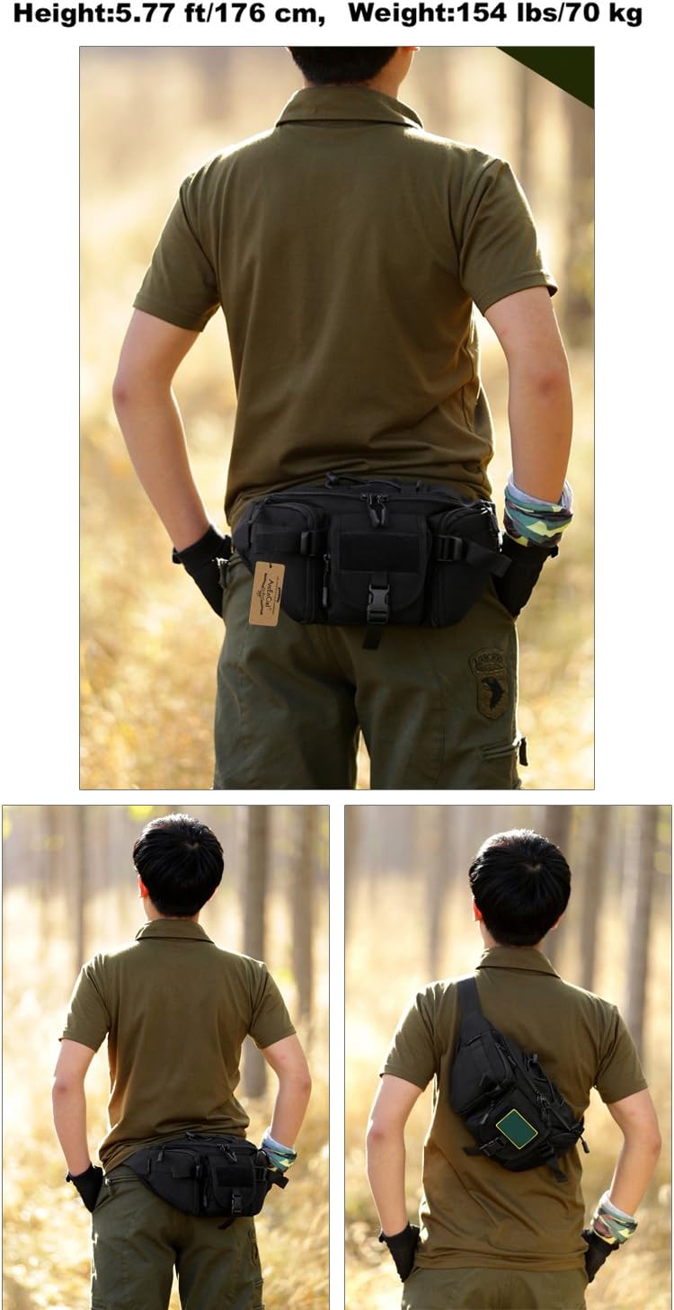 ArcEnCiel Tactical Fanny Pack for Men Women Waist Bag Hip Belt Outdoor Hiking Fishing Bumbag with Patch (Black)