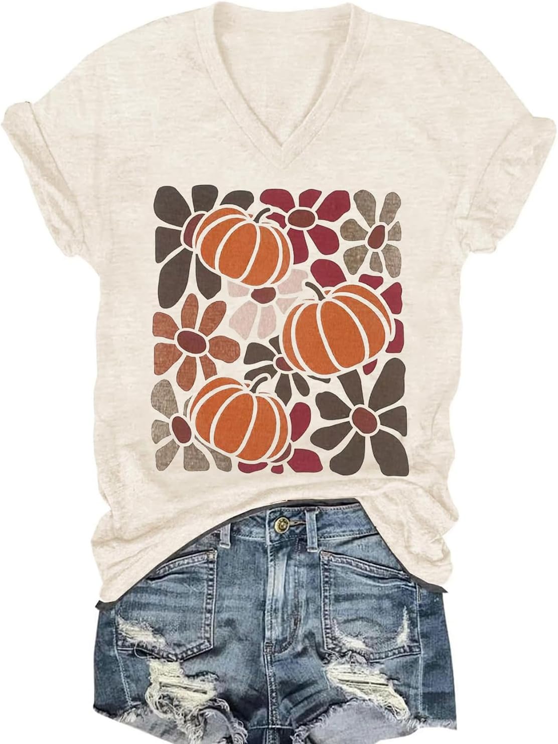 Vintage Boho Tops for Women V-Neck Flowers Shirt Spring Graphic Tees Floral Print Summer Casual Short Sleeve Tshirt Top