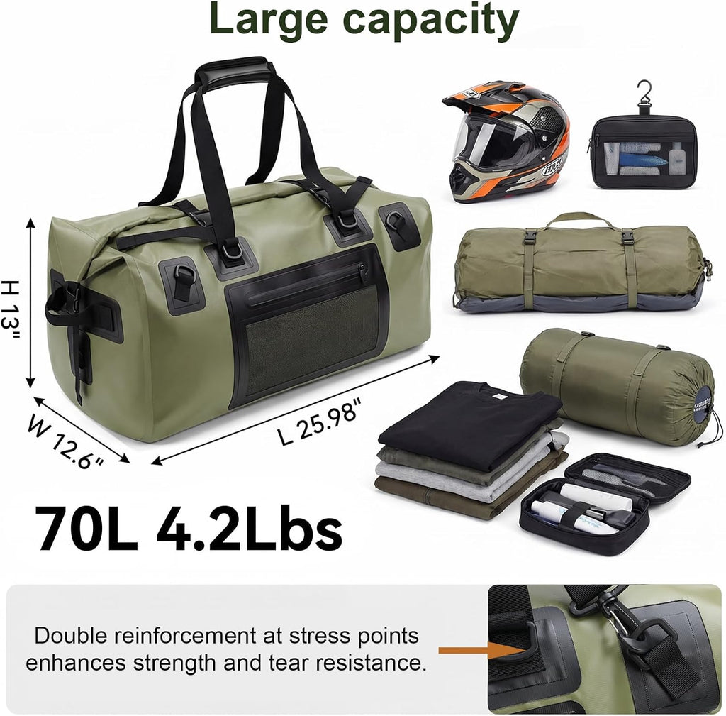 Waterproof Duffel Bag, 70L Large Roll Top Motorcycle Dry Backpack