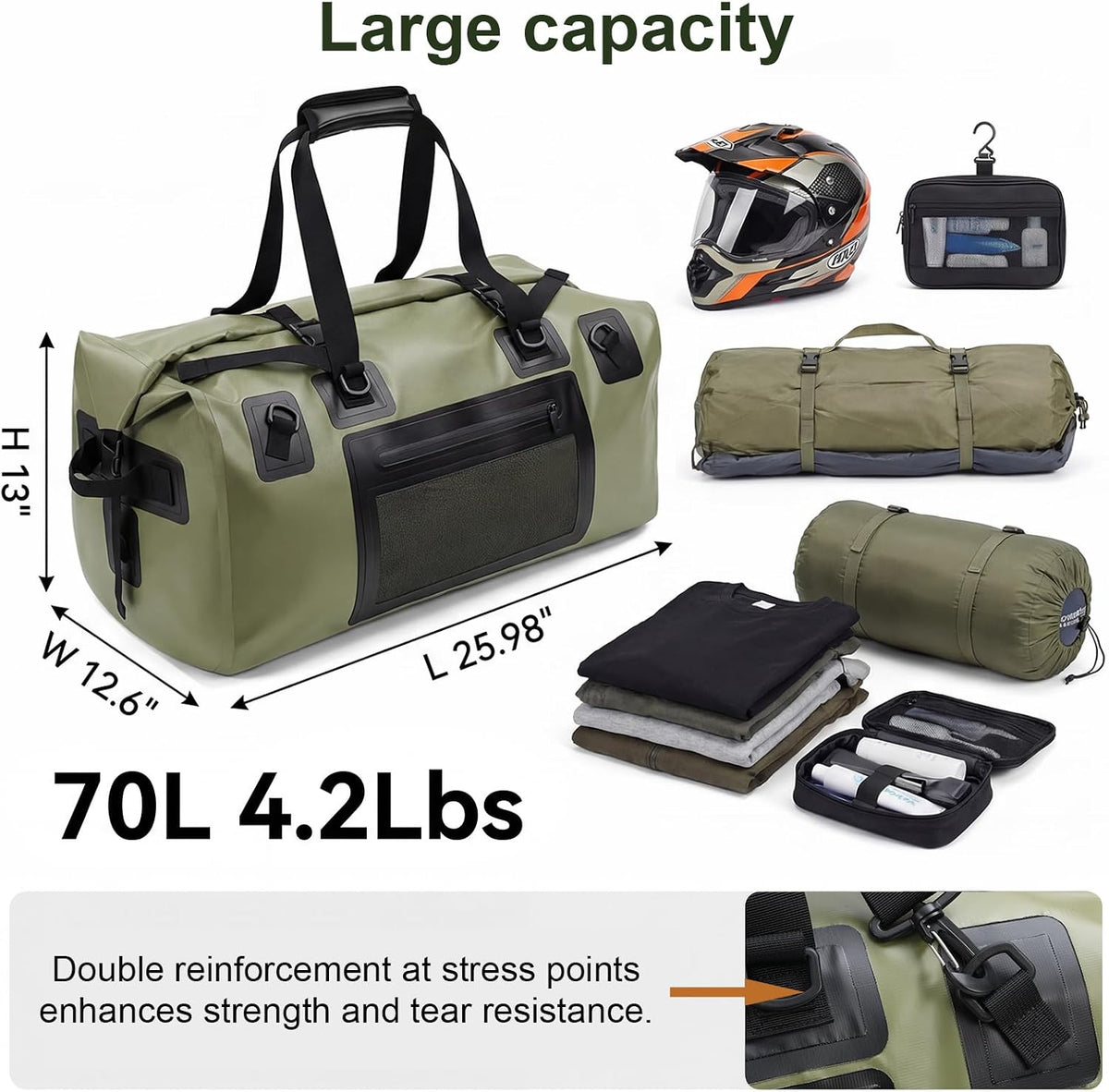 Waterproof Duffel Bag, 70L Large Roll Top Motorcycle Dry Backpack