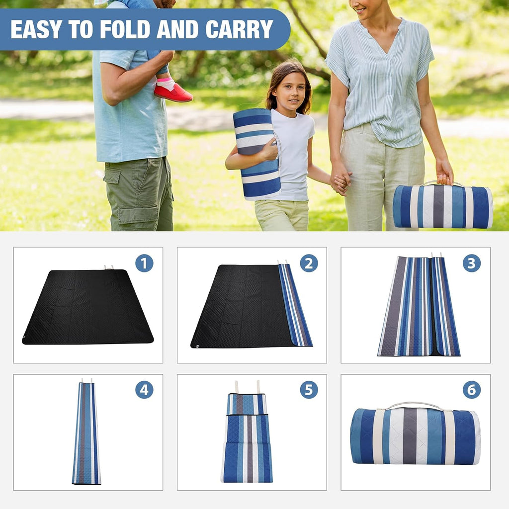 G GOOD GAIN Picnic Blankets Waterproof Outdoor 80"x80" Large, BlueStrip