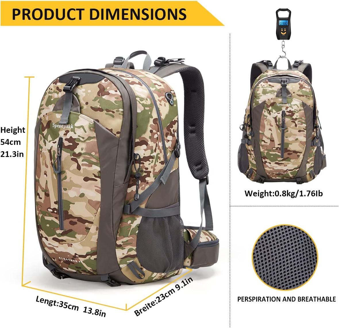 SPEEDPARK 40L Hiking Backpack, Lightweight Camping Daypack with Rain Cover
