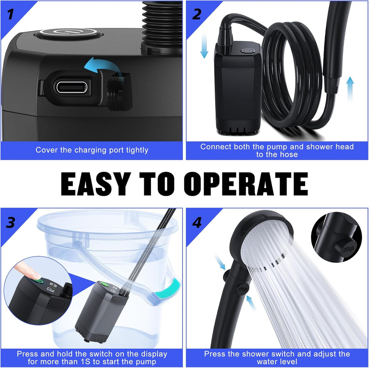 Spopal Portable Shower for Camping, [Long-Lasting] 6000mAh Rechargeable