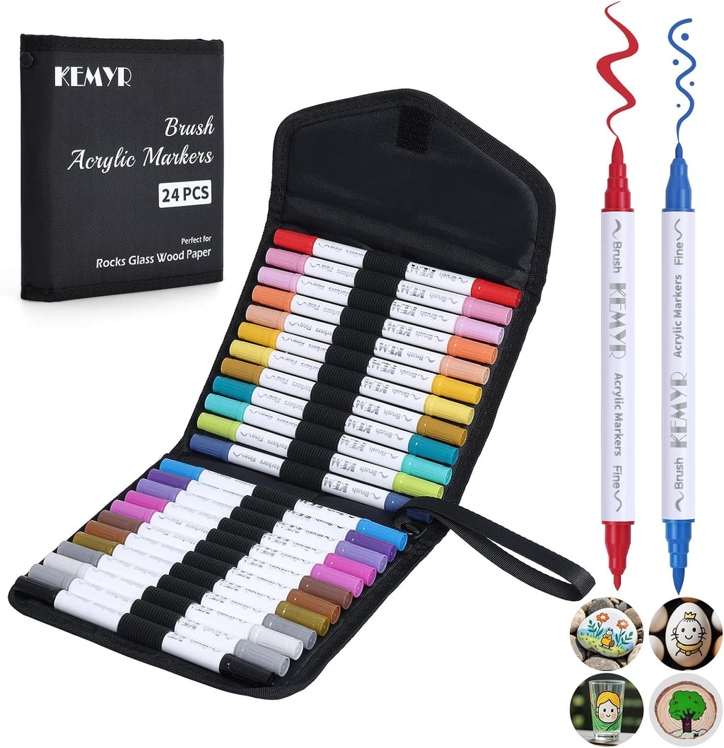 KEMYR 100 Colors Brush & Fine Tip Acrylic Paint Pens, Dual Tip Acrylic Paint Markers for Paper, Wood, Canvas, Stone, Rock, Glass, Fabric, DIY, Ceramic, Art Supplies for Adults Drawing