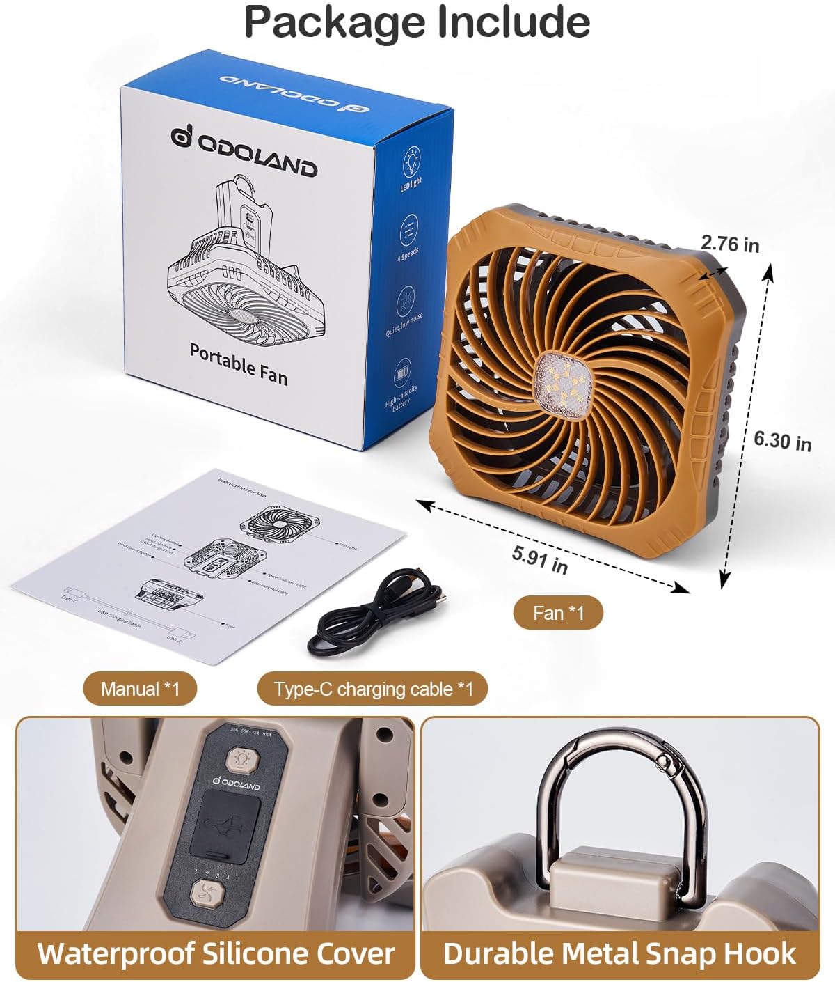 Odoland Portable Camping Fan with LED Lantern, 40H Rechargeable Battery Fan