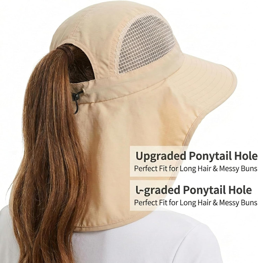 UV Sun Protection Hat Women Foldable Neck Flap Wide Brim Fishing Hat with Ponytail Hole for Women