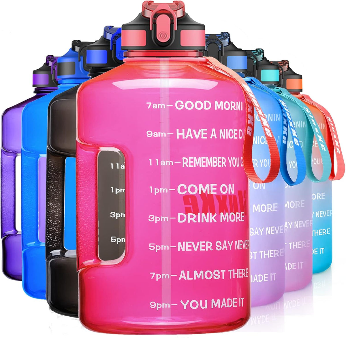 SLUXKE 1 Gallon Water Bottle with Time Marker and Straw, BPA Free 128oz Leak Proof Motivational Large Water Bottle Jug with Handle, Pop Up Open Sports Big Bottle Jug with Comfortable Silicone Nozzle
