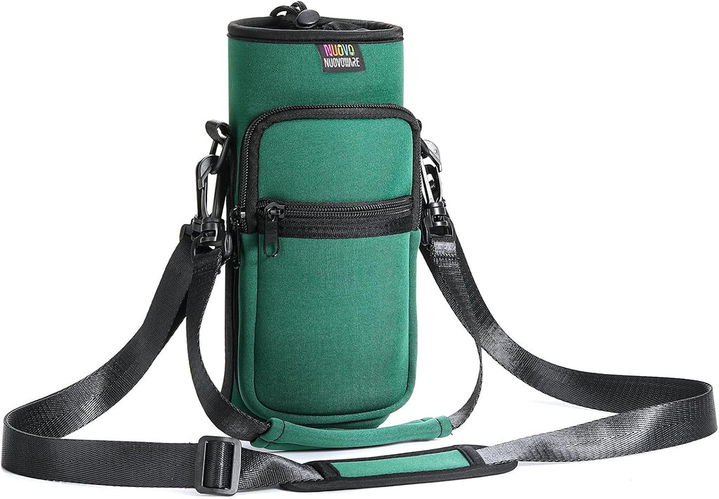 Nuovoware Water Bottle Carrier Bag, 40oz Bottle Pouch Holder, Adjustable Shoulder Hand Strap 2 Pocket Sling Neoprene Sleeve Sports Accessories for Hiking Travelling, Dark Green