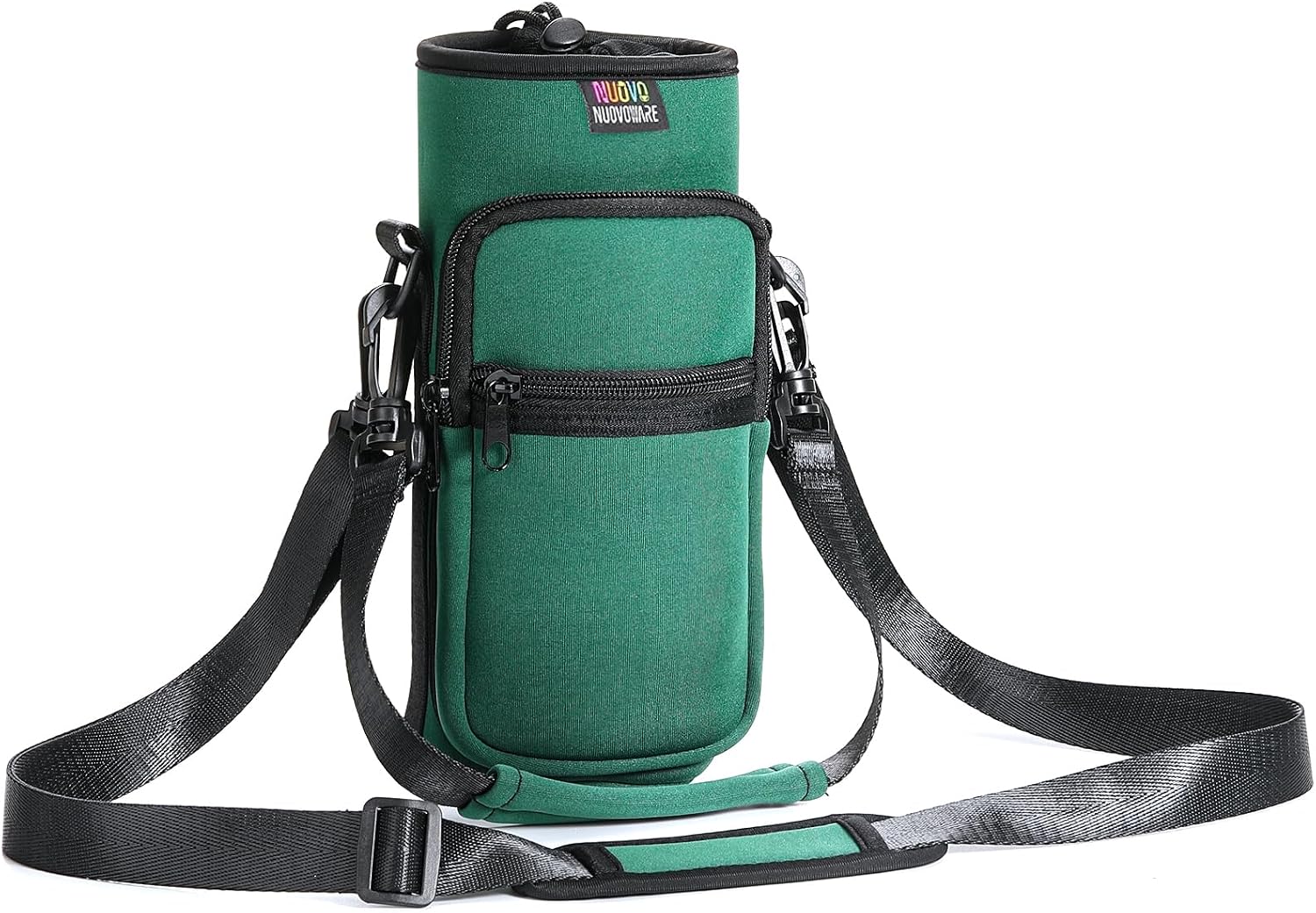 Nuovoware Water Bottle Carrier Bag, 40oz Bottle Pouch Holder, Adjustable Shoulder Hand Strap 2 Pocket Sling Neoprene Sleeve Sports Accessories for Hiking Travelling, Dark Green