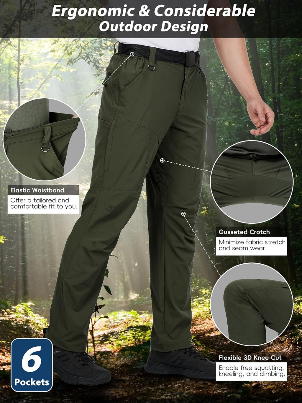 Mens Hiking Pants Lightweight Cargo Work Tactical Nylon Stretch Waterproof Quick Dry Fishing Travel Outdoor 6 Pockets