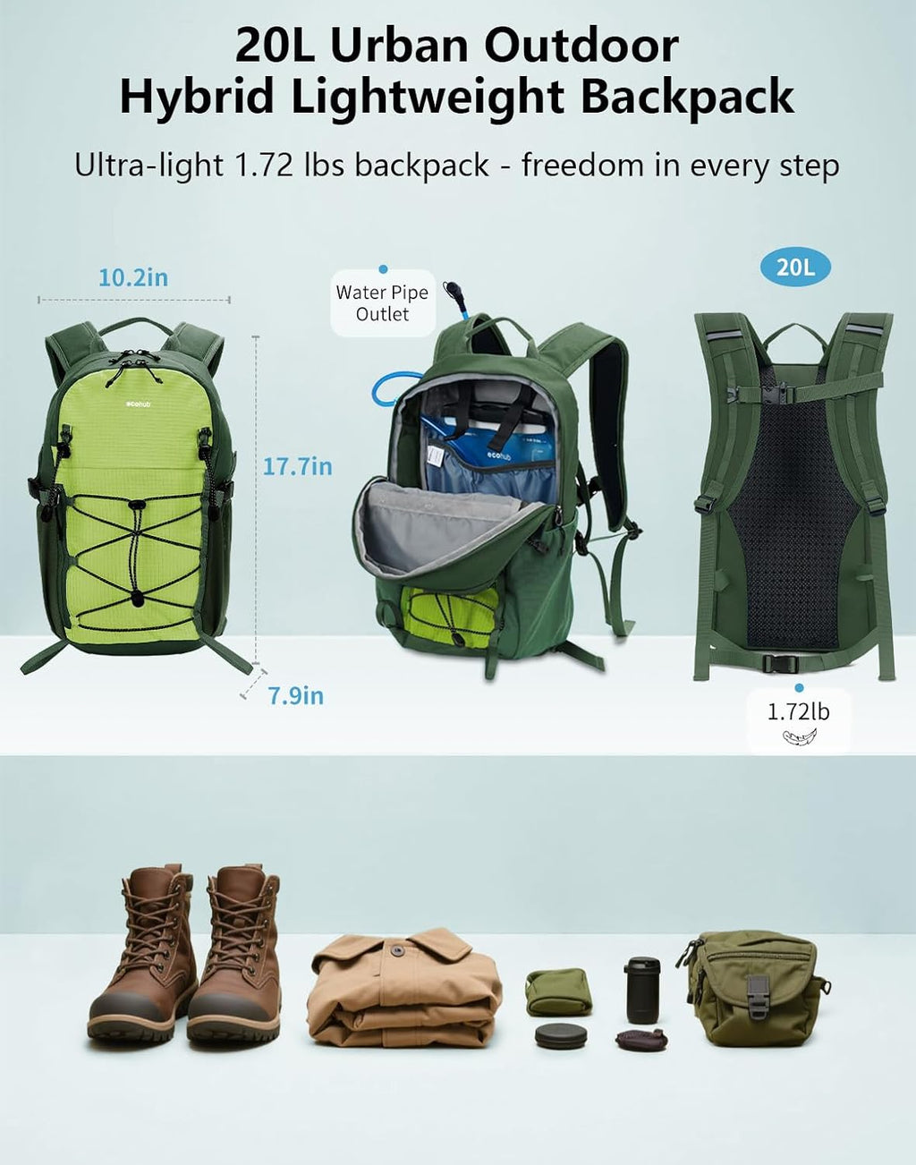 ECOHUB Small Hiking Backpack for Men Women, 20L Lightweight Travel Backpacks Water Resistant Camping Cycling Hiking Daypack