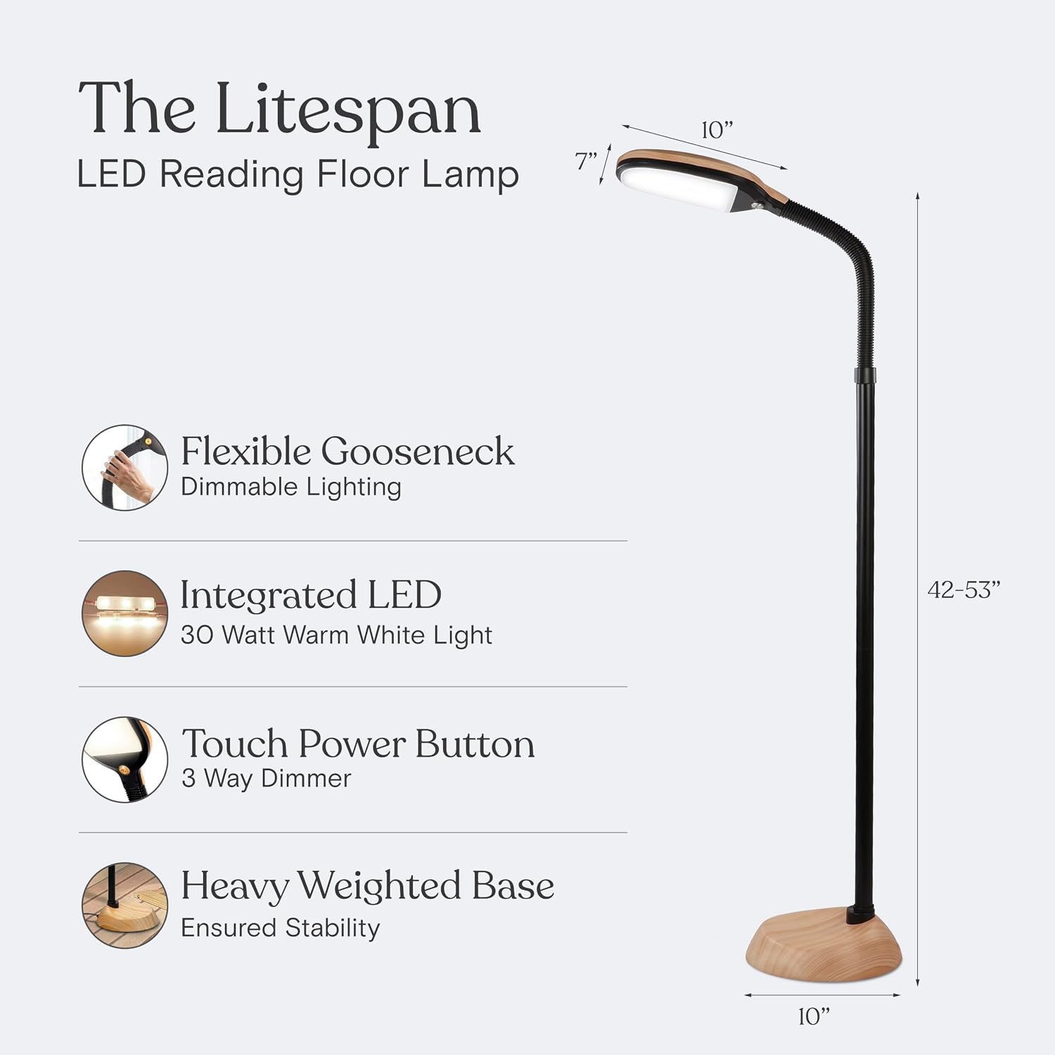 Brightech Litespan - LED Floor Reading Lamp, Modern Wooden Style, Adjustable Gooseneck, 850-950 Lumens, 12W, 3-Year Warranty
