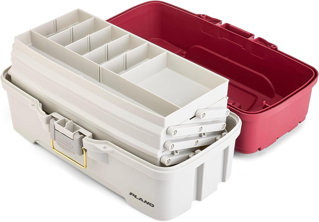 Plano Three-Tray Tackle Box Salmon Kit, Maroon/Grey, Rust-Proof Brass Latch, Top-Access Tray Compartments with Deep Storage, Made in the USA, Portable Fishing Gear Storage Organizer