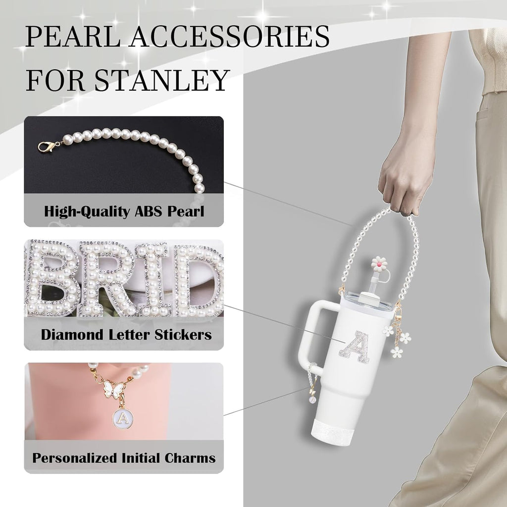 Stanley Cup Accessories Set - Including Water Bottle Carrying Pearl Strap, Handle Letter Charms Sticker, Silicone Cups Boot Straw Cover for 40oz & 30oz Tumbler
