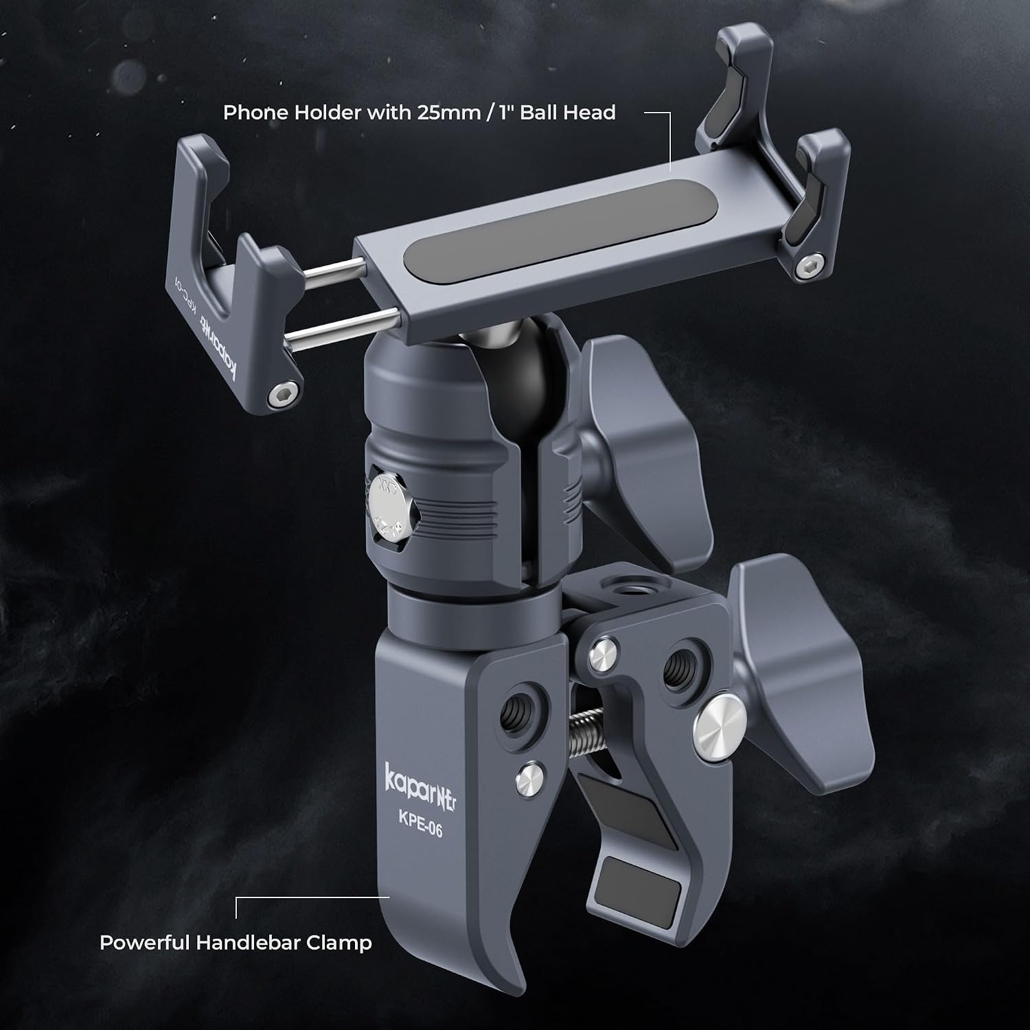 Motorcycle Phone Mount, Handlebar Clamp Base Fits 0.5"-2" Diameter Bars, 25mm Ball Head & Aluminum Socket Arm, 360° Rotatable, Universal for iPhone/Android Phones Width 2.56"-3.74"(KPS-07)